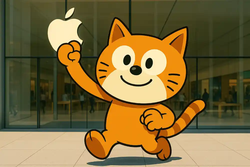 Apple ストアの前にいる猫