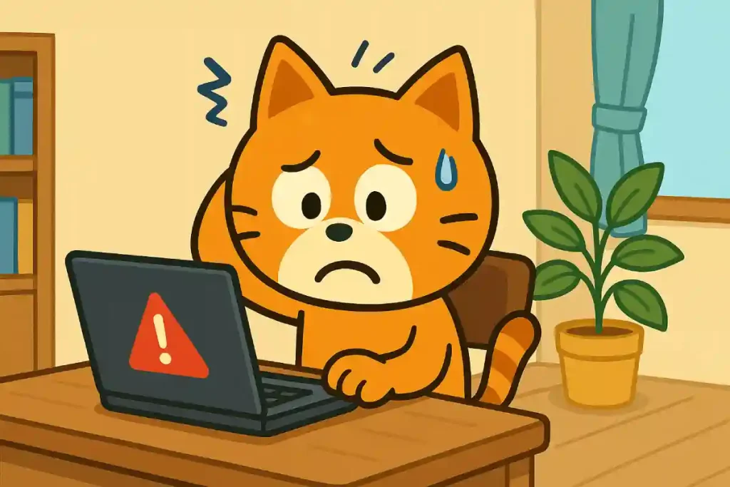 パソコン操作がうまくいかず困っている猫