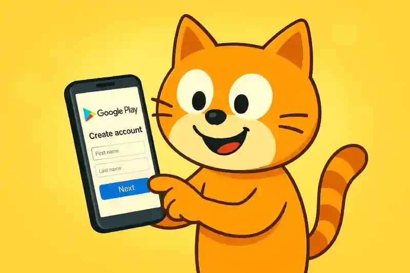 Googleアカウント登録しようとスマホを操作する猫