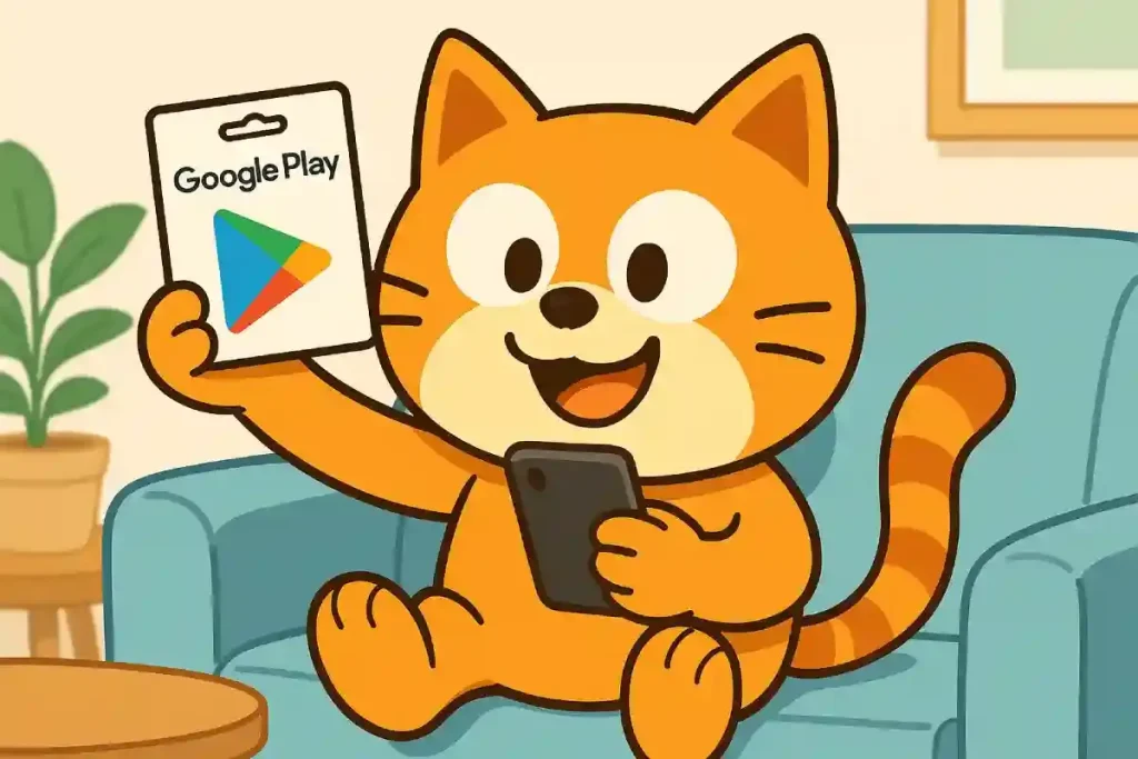 Google Playギフトカードをスマホで登録しようとする猫