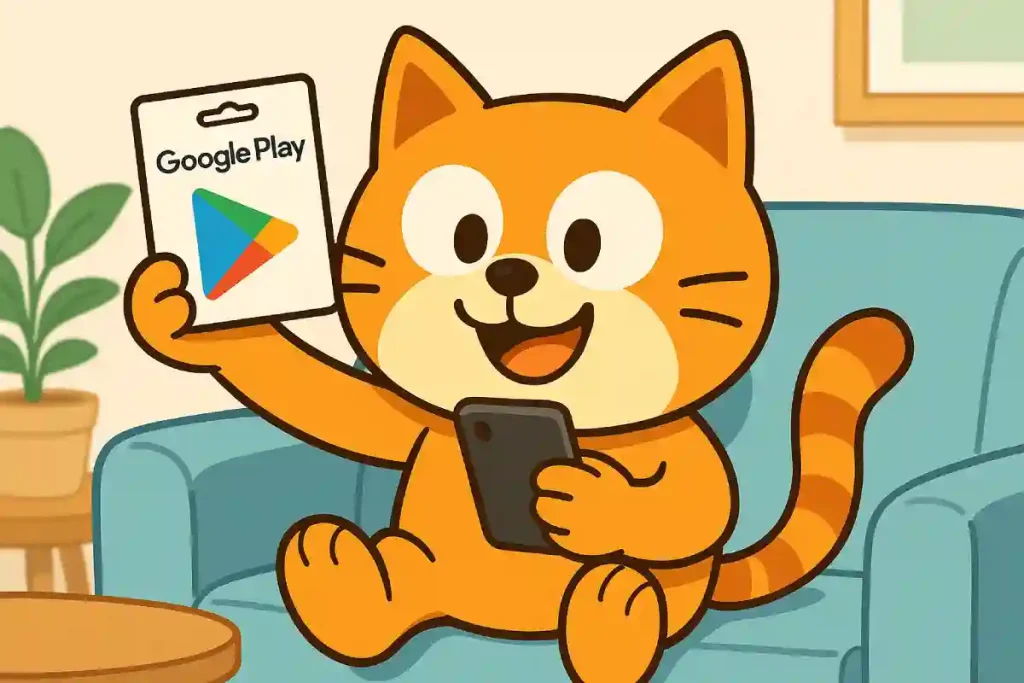 Google Playギフトカードをスマホで登録しようとする猫