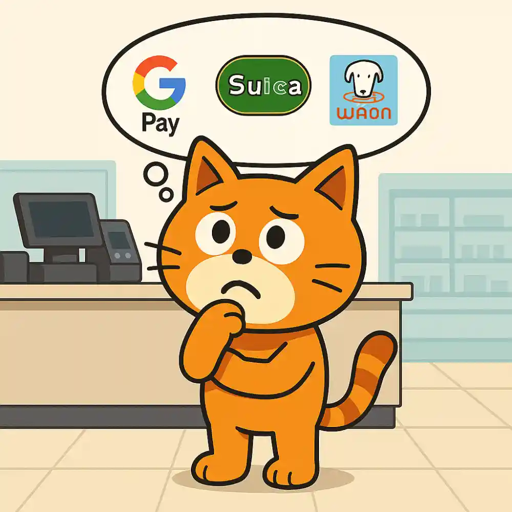 コンビニのレジ前でGoogle Pay、Suica、WAONのどれを使おうか迷っている猫