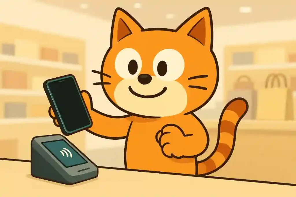 百貨店のレジ前でGoogle Payを使おうとスマホを端末にかざす猫