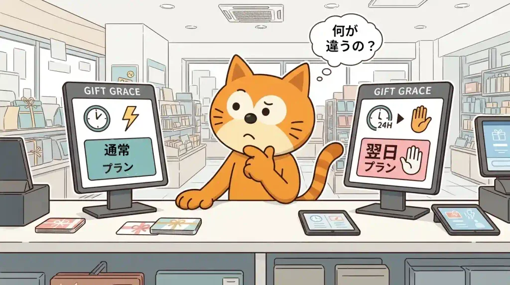 ギフトグレースの通常、翌日プランについて困惑している猫